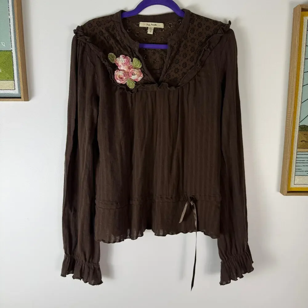 Vintage Free People long sleeve brown peasant top size 12